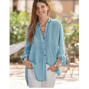 Sundance Katina Shirt Tunic Blouse 100% Linen Pintuck Blue Relaxed Langelook S
